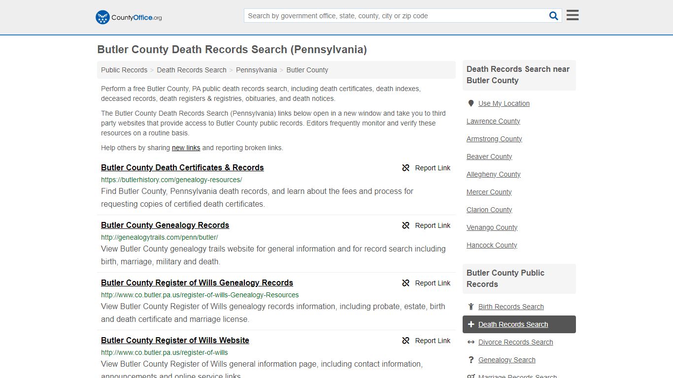 Butler County Death Records Search (Pennsylvania) - County Office